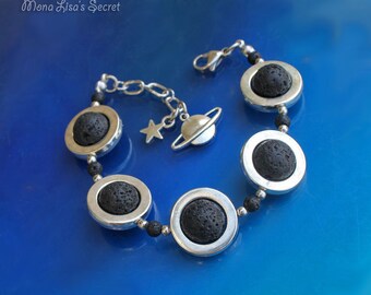 Planet Bracelet, Black Lava Stone Bracelet, Galaxy Bracelet, Black Stone Bracelet, Lava Essential Oil Diffuser Bracelet