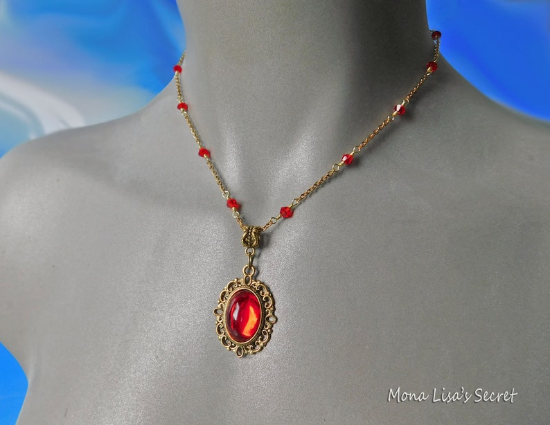 Victorian Style Red Crystal Necklace, Red Crystals and Gold Tone Necklace, Red Wedding Jewelry, Romantic Style Jewelry, Christmas Gift image 7