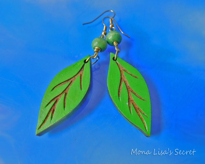 Green Lightweight Earrings Long Wood Earrings in Gold Laser Cut Wood Leaf Earrings Blue Wood Leaf Earrings