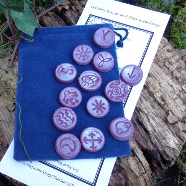 13 Witches Runes - Divination tool - Oracle - Runes PURPLE/SILVER shimmer polymer clay set - Witch Runes