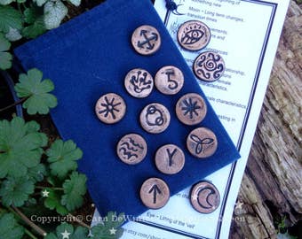 13 Witches Runes - Divination tool - Oracle HANDMADE Runes BLACK/COPPER shimmer polymer clay set - Witch Runes