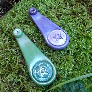 Incense Burner, Green or Purple Pentacle Clay Joss Stick Holder, Ash catcher pentagram tool - polymer clay