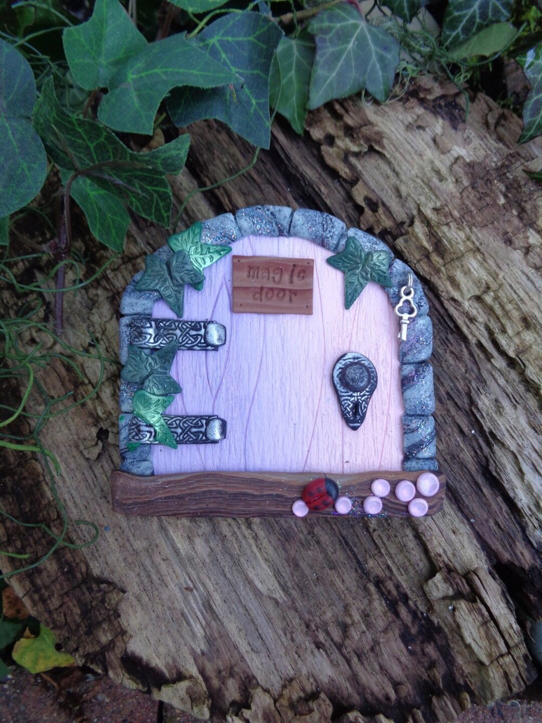 Pink Pastel Fairy Door - Ladybird and Miniature Silver Key. Magic Fairy ...