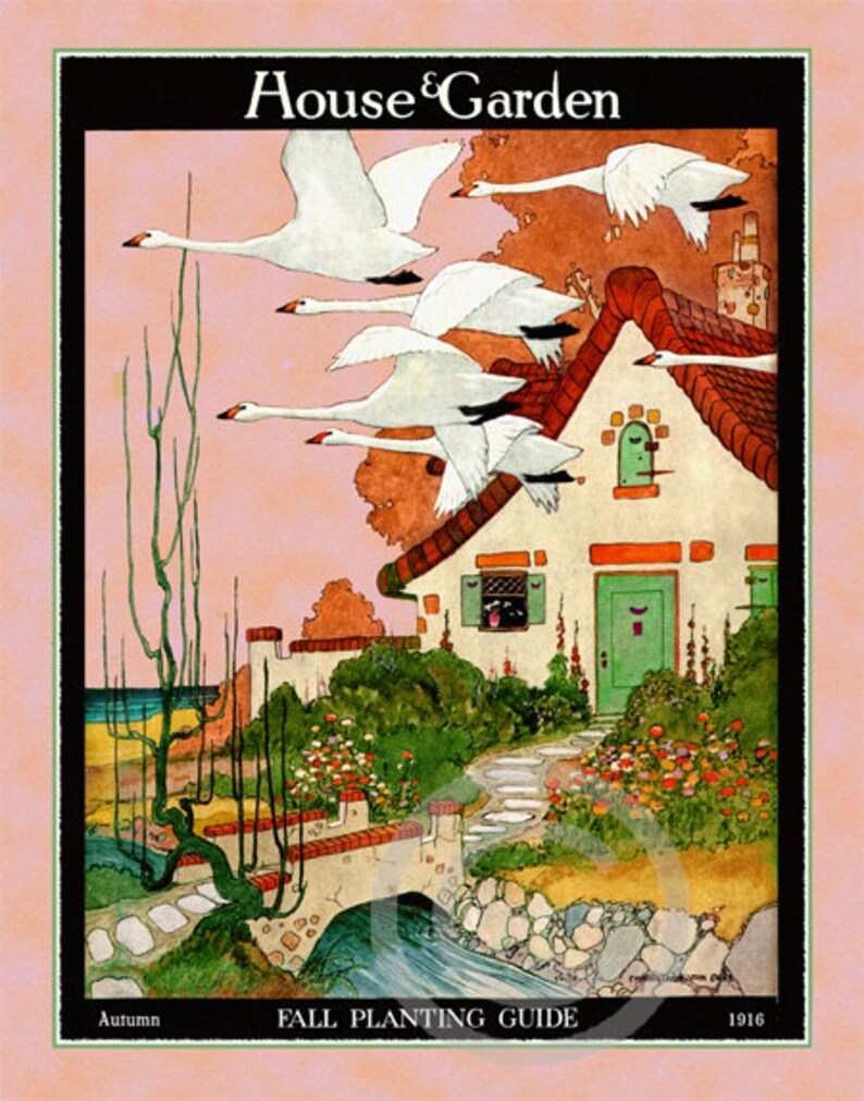 COUNTRY COTTAGE HOUSE PICTURE SWANS POND ART PRINT 16X20