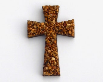 Wall Cross with Art Gravel - Pebble Mosaic - Small - Shades of Brown Pebbles -  Earth Tone Natural Cross Wall Decor with Rocks 6" x 4"