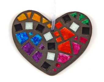 Mosaic Ornament, Heart, Black + Rainbow Hand Painted Glass, Handmade Stained Glass Mosaic Heart Ornament, 3" x 4" Hanging Heart