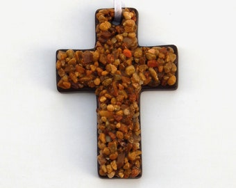 Pebble Mosaic Ornament - Cross - Shades of Brown Art Gravel - Handmade Pebble Mosaic Cross Ornament - Small Decorative Hanging Cross