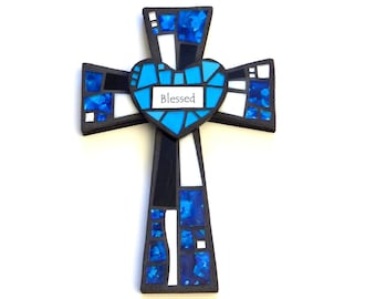 Mosaic Wall Cross Black with Hand Painted Glass (Blues) + 3D Heart with "Blessed" Mosaic Tile - Handmade Stained Glass Mosaic Cross 12" x 8"