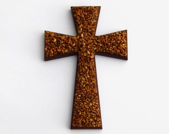 Wall Cross with Art Gravel - Pebble Mosaic - Shades of Brown Pebbles -  Earth Tone Natural Cross Wall Decor with Rocks 12" x 8"