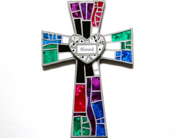 Mosaic Wall Cross Large Black with Hand Painted Glass + 3D Heart with "Blessed" Mosaic Tile - Handmade Stained Glass Mosaic Cross 15" x 10"