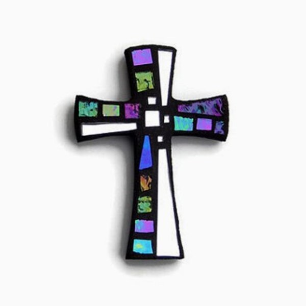 Mosaic Cross, Magnet, Black + Iridescent Glass + Silver Mirror, Handmade Stained Glass Mosaic Design, 4" x 3"