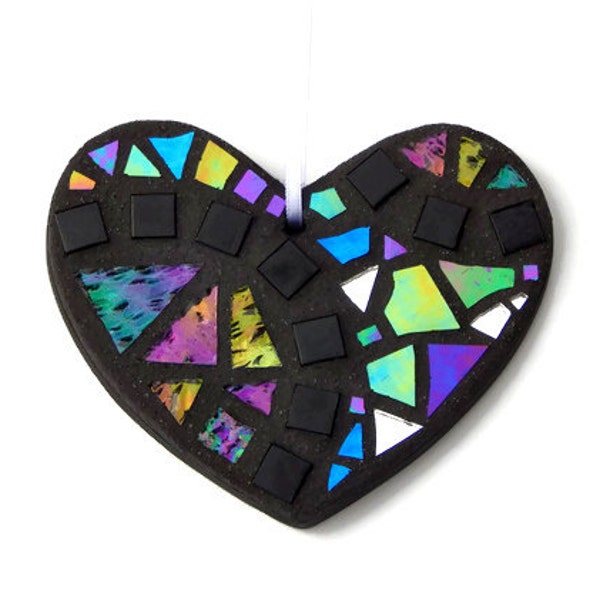 Mosaic Ornament, Heart, Black + Iridescent + Textured Glass, Handmade Stained Glass Mosaic Design