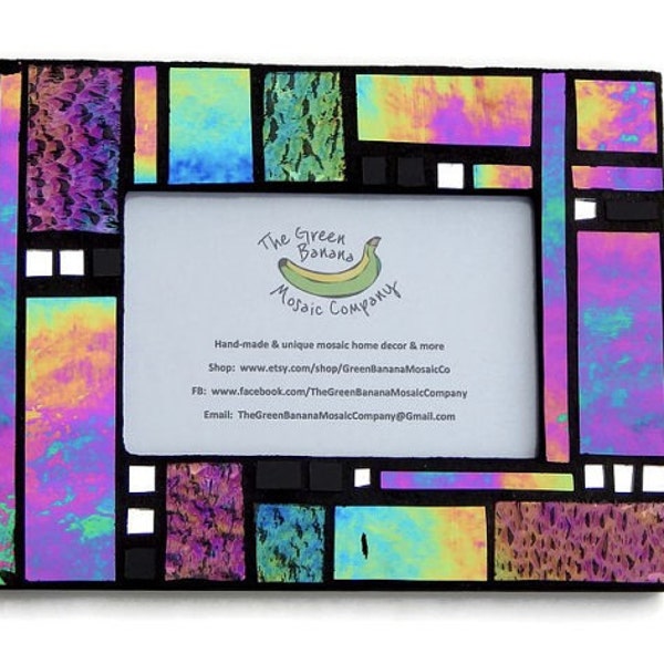 Mosaic Picture Frame, 4 x 6 Picture Frame, Black+Iridescent+Textured Glass, Handmade Stained Glass Mosaic Design