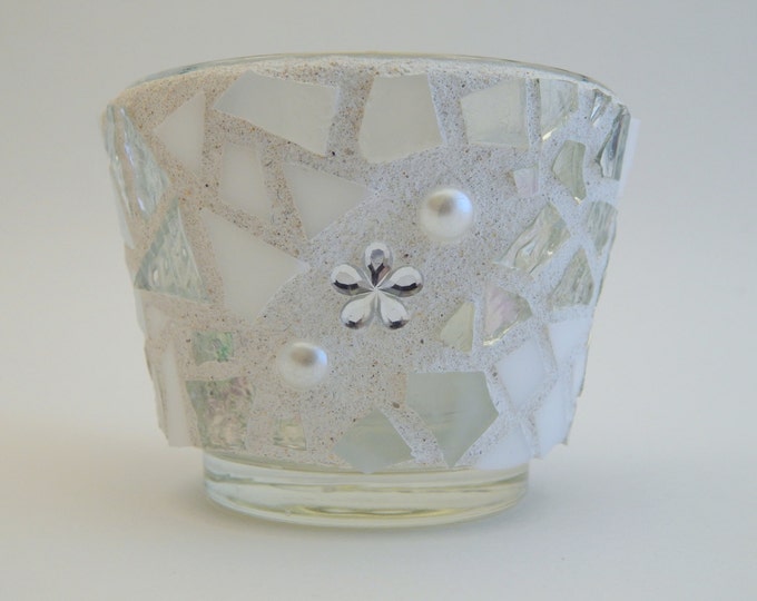 Mosaic Votive Candle Holder, Shades of White Silver Mirror, Handmade