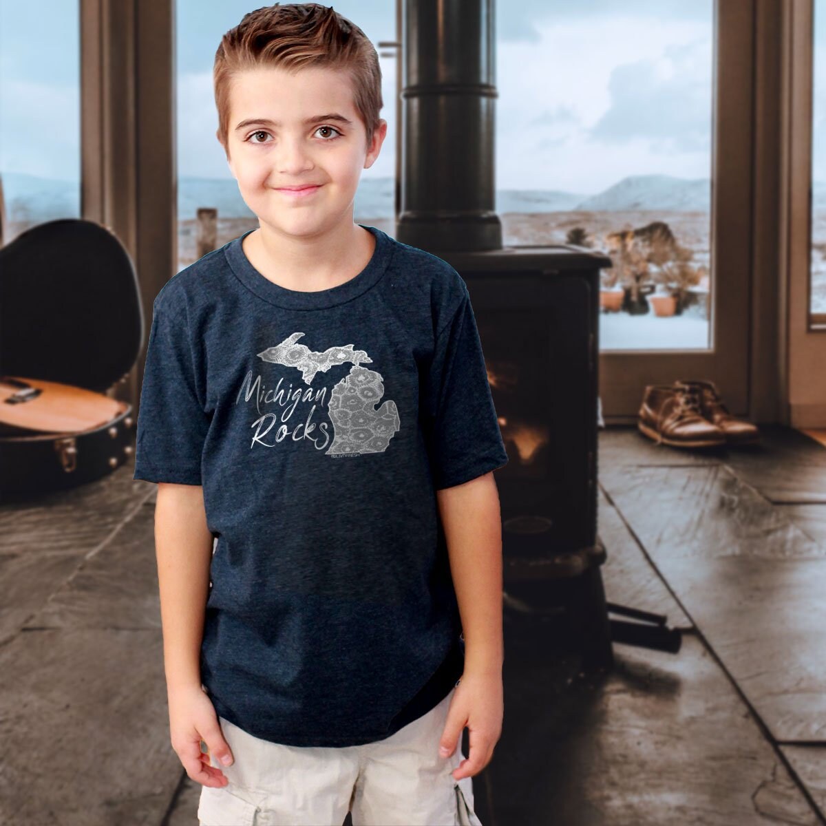 a "Michigan Rocks Petoskey Stone" Youth T-Shirt