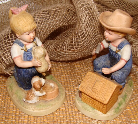 Denim Days Figurines By Homco Distributed By Home Interiors Debbie And Danny Taking Care Of Puppies