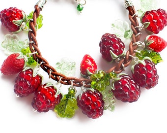 Glass raspberry and wild strawberry charm bracelet MTO
