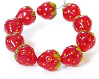 ZEHN (10) Kleine STRAWBERRY handgefertigte Lampwork Perlen - Lampwork Glaserdbeeren MTO