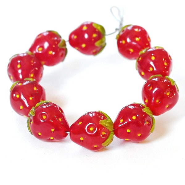 TEN (10) Small STRAWBERRY handmade lampwork beads - Lampwork glass strawberries MTO