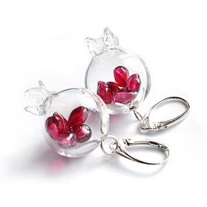 Hollow pomegranate lampwork dangle earrings with pomegranate seeds inside 925 silver MTO image 1