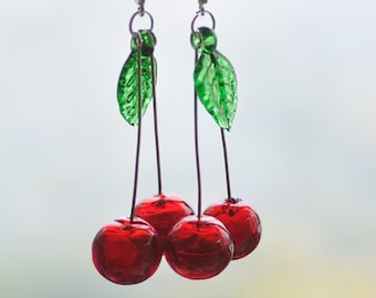 Pair of cherry earrings  / jewelry / berries / 925 silver /hollow lampwork beads MTO