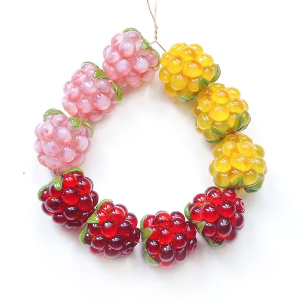 TEN (10) Small RASPBERRY handmade lampwork beads - Glass berry beads, red wildberries MTO