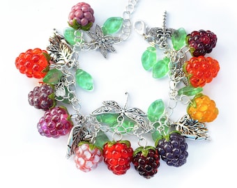 Lampwork raspberry charm bracelet MTO