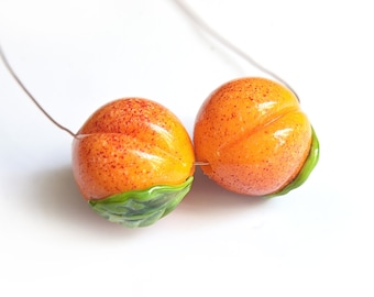 2 (par) contas de vidro soprado em formato de pêssego/damasco, contas de vidro soprado em formato de frutas, pêssego de vidro MTO