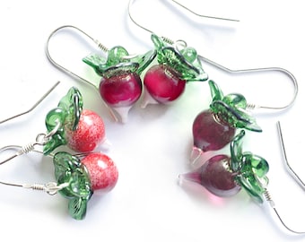 Radish glass lampwork earrings /radish earrings / vegetable/ vegan / Luna MTO dirigible plum