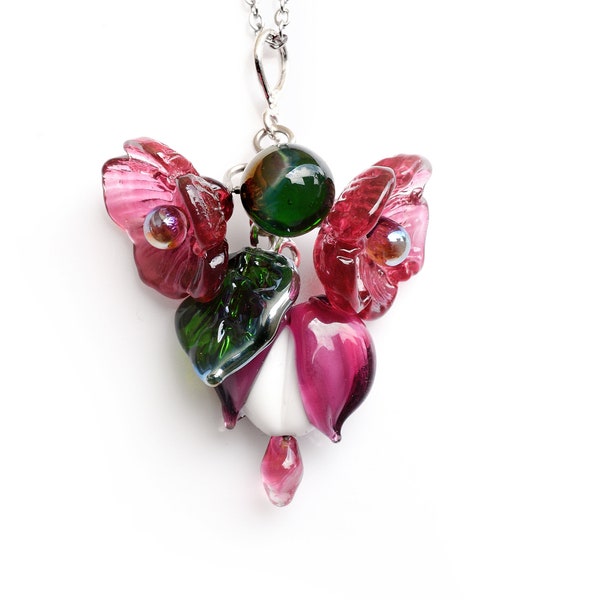 Bleeding heart flower lampwork pendant on silver findings and silver plated chain