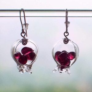 Hollow pomegranate lampwork dangle earrings with pomegranate seeds inside 925 silver MTO image 3