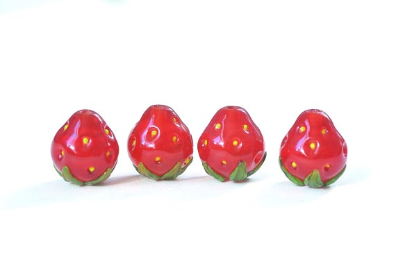 Red Garden Strawberry Pendant With Gold or Green Leaf -   Handmade  lampwork glass, Strawberry garden, Strawberry charm