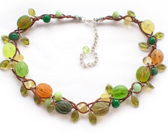 Glass gooseberry braided leather necklace MTO