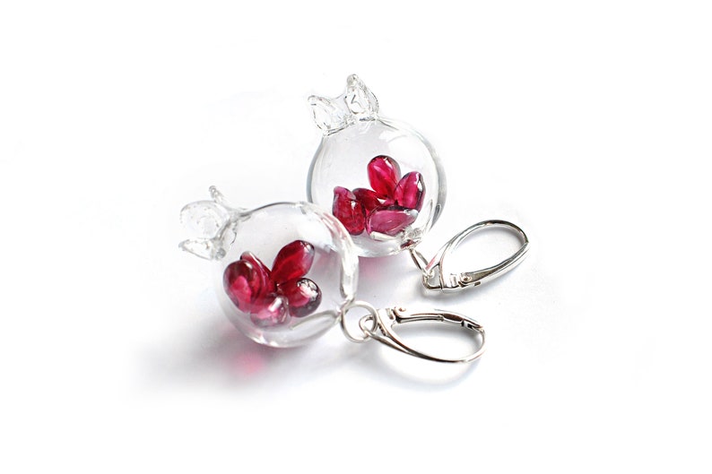 Hollow pomegranate lampwork dangle earrings with pomegranate seeds inside 925 silver MTO image 1