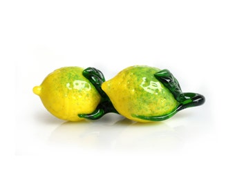 2 (pair) pieces yellow-green LEMON with loop /earring pair / organic lampwork bead / craft supplies/ beading / Vegan/ offmandrel / FRUIT
