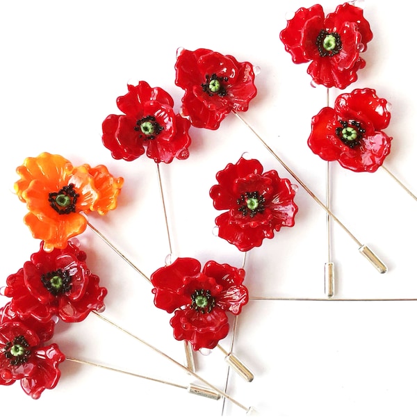 1 (one)  ,  lampwork poppy pin Remembrance day handmade brooche MTO