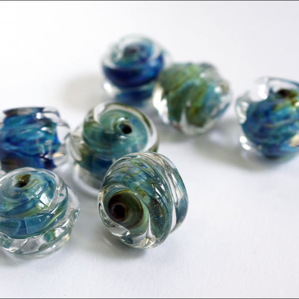 1 (one) piece Wrapped silver glasslampwork beads / beading / handmade supplies / Blue Double Helix beads MTO