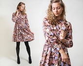 60s Floral Dress Long-sleeve mini Dress Button Up Secretary Dress Size Small to Medium