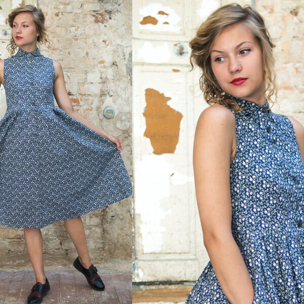 Laura Ashley Cotton Navy blue dress / Lolita dress / Floral ditsy print Laura Ashley dress / Designer dress / Peter pan collar dress