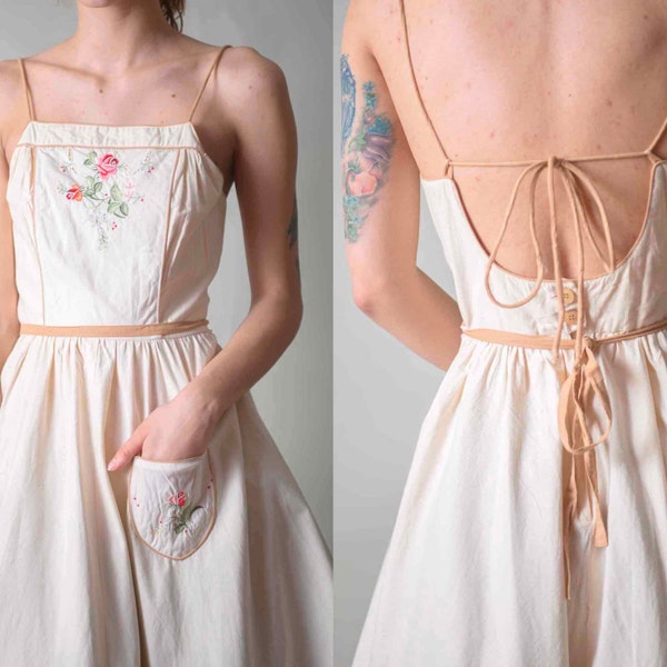 1950's Ivory Open back Cotton dress / Summer Sundress Wedding dress / Southern Belle Embroidered full skirt sleeveless dress / size XS-M