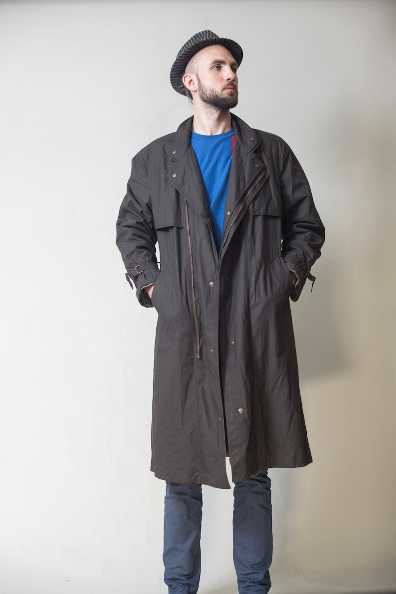 Unisex Dark Brownish-Gray Zipper Trench Coat size Large Vintage 70/'s Duster Coat Detective Rain Coat Topcoat Long Jacket Outerwear
