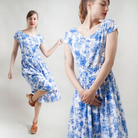 Blue floral button-up midi dress
