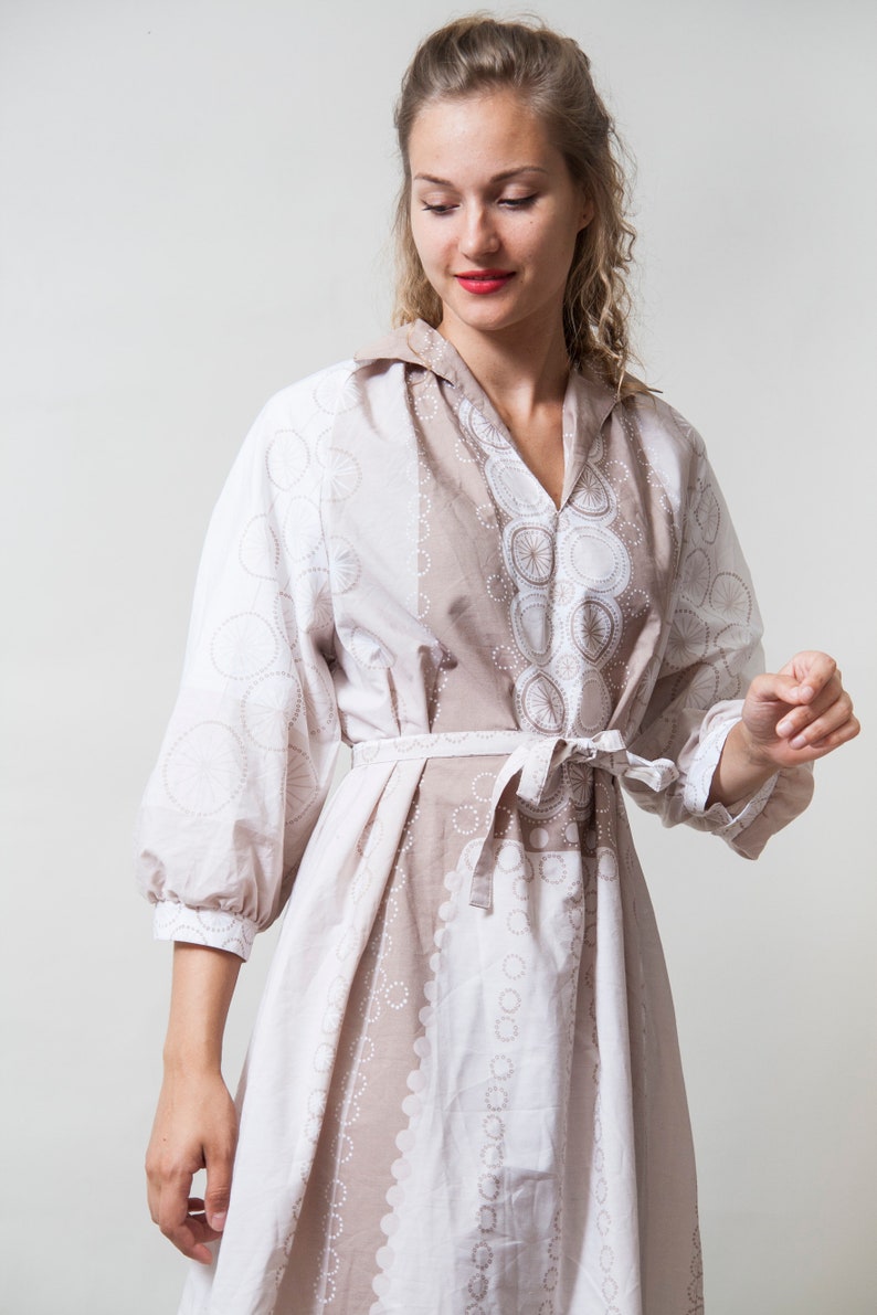 White and Beige Midi Dress Medium Sleeve Dress with Belt Subtle Geometric Print Collared Elegant Dress \u2022 Size Medium to Large \u2022