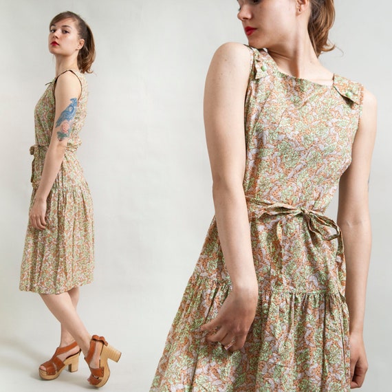 Floral earth tone 1950s drop-waist sun dress