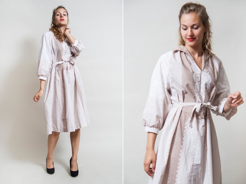 White and Beige Midi Dress Medium Sleeve Dress with Belt Subtle Geometric Print Collared Elegant Dress \u2022 Size Medium to Large \u2022