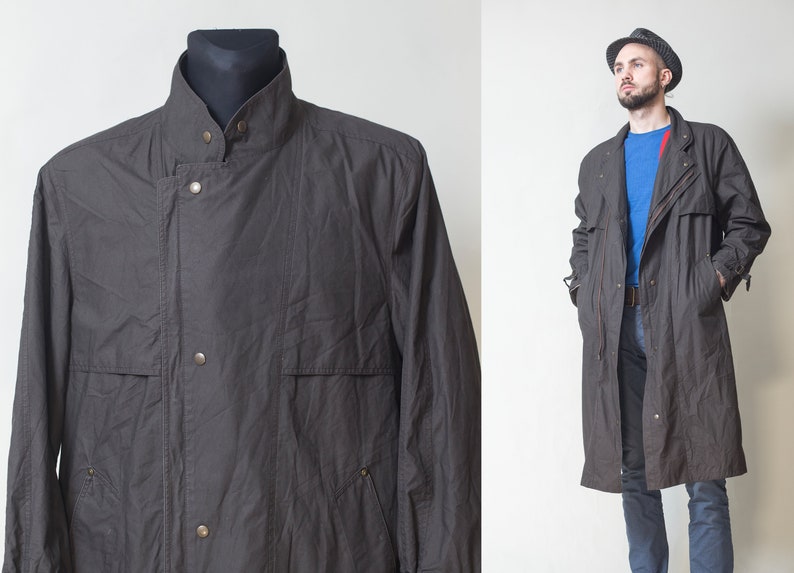 Unisex Dark Brownish-Gray Zipper Trench Coat size Large Vintage 70/'s Duster Coat Detective Rain Coat Topcoat Long Jacket Outerwear