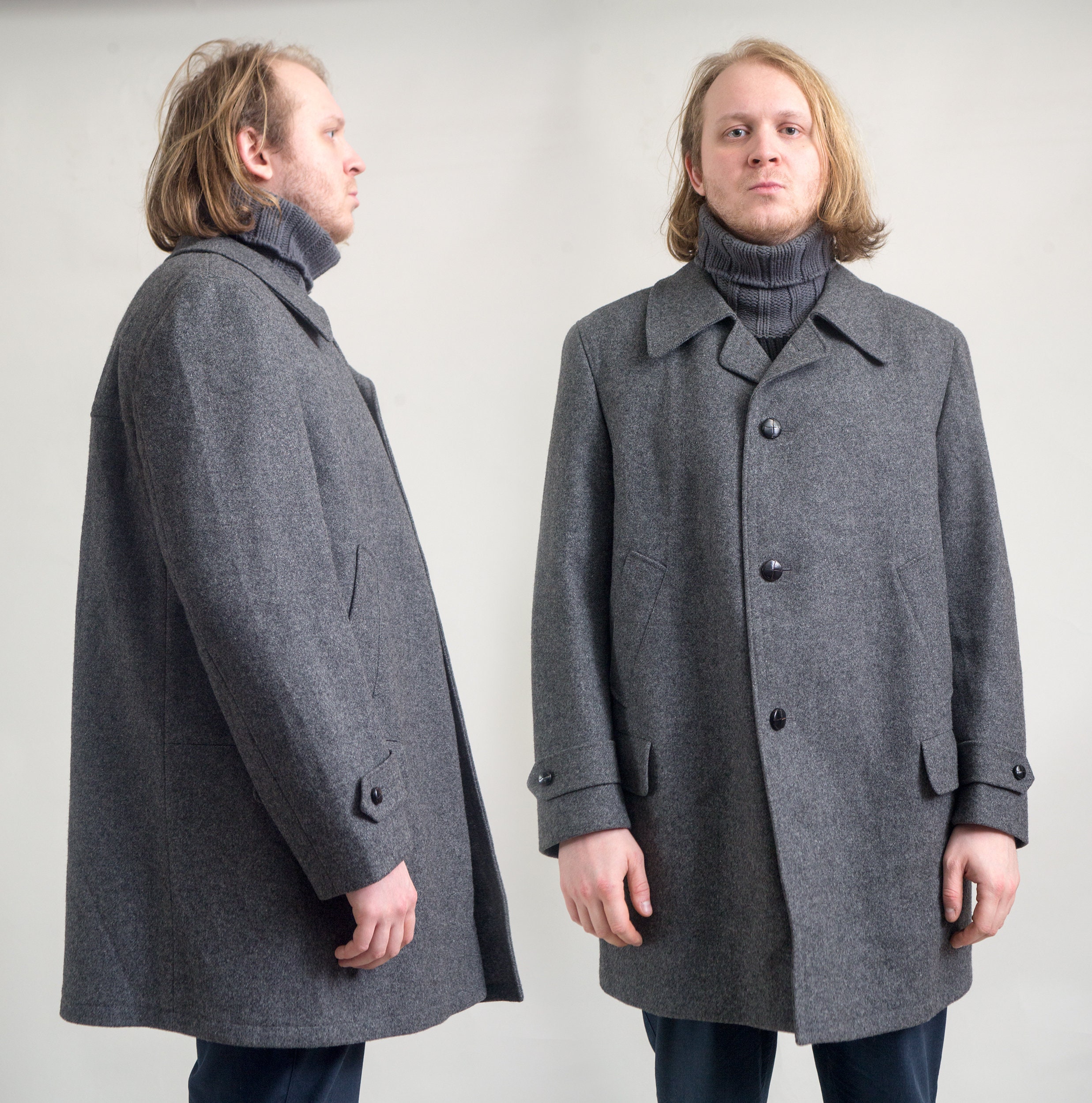 Dark Grey Mens Long Classic Vintage Style Real Wool Trench Coat Dark Grey Mens Long Classic Vintage Style Real Wool Trench Coat