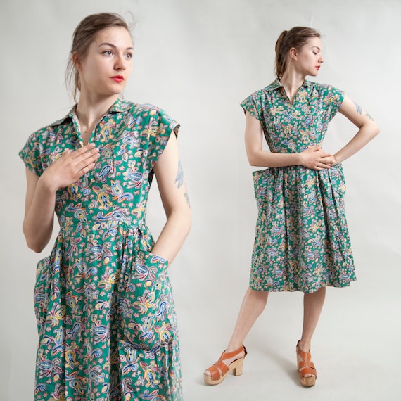 Real 50s housewife green shirtdress with pockets