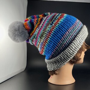 Cold Weather, Hand Knit, One of a Kind, Warm and Wearable Rainbow Multicolor  Hat with Removable PomPom