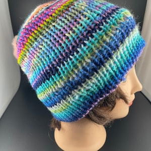 One of a kind, Cold Weather, Hand Knit Hat- Rainbow pattern w/ Removable Faux Fur Pompom